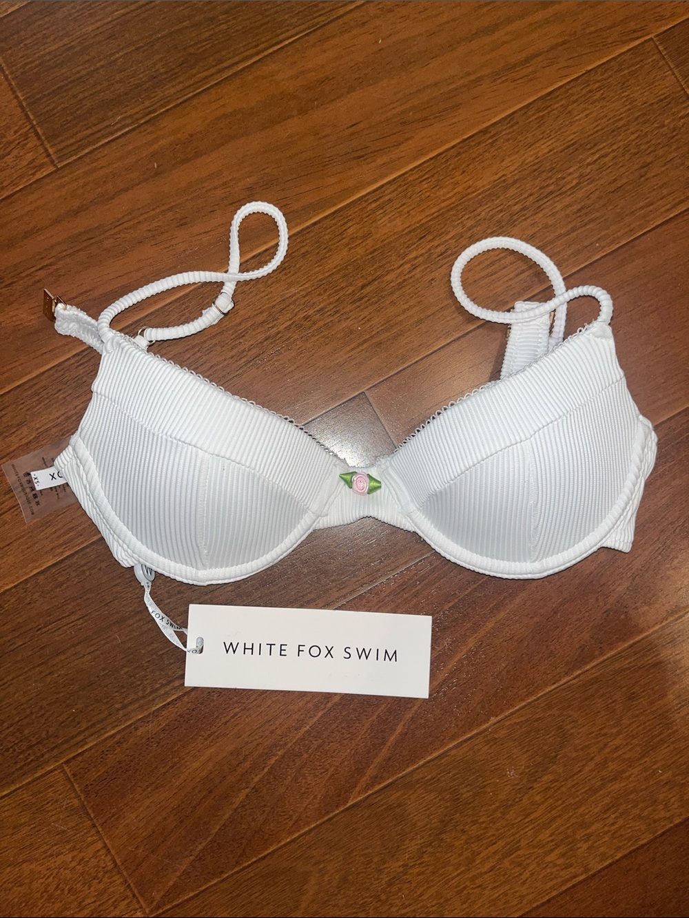 White Fox Boutique White Ribbed Bikini Top with Pink Rose